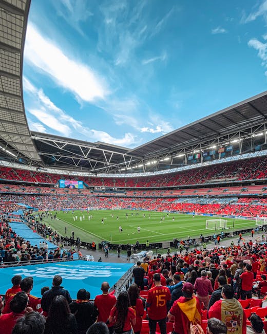 A panoramic view inside Wembley Stadium showing a grass football pitch surrounded by tiered seating filled with spectators. The pitch is green and well-maintained, with visible white markings and goal